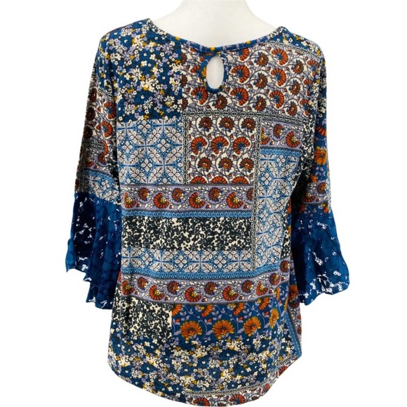 Roommates Boho Flowy Mixed Floral Print Lace Ruffle Bell Sleeve Tops - Picture 4 of 16